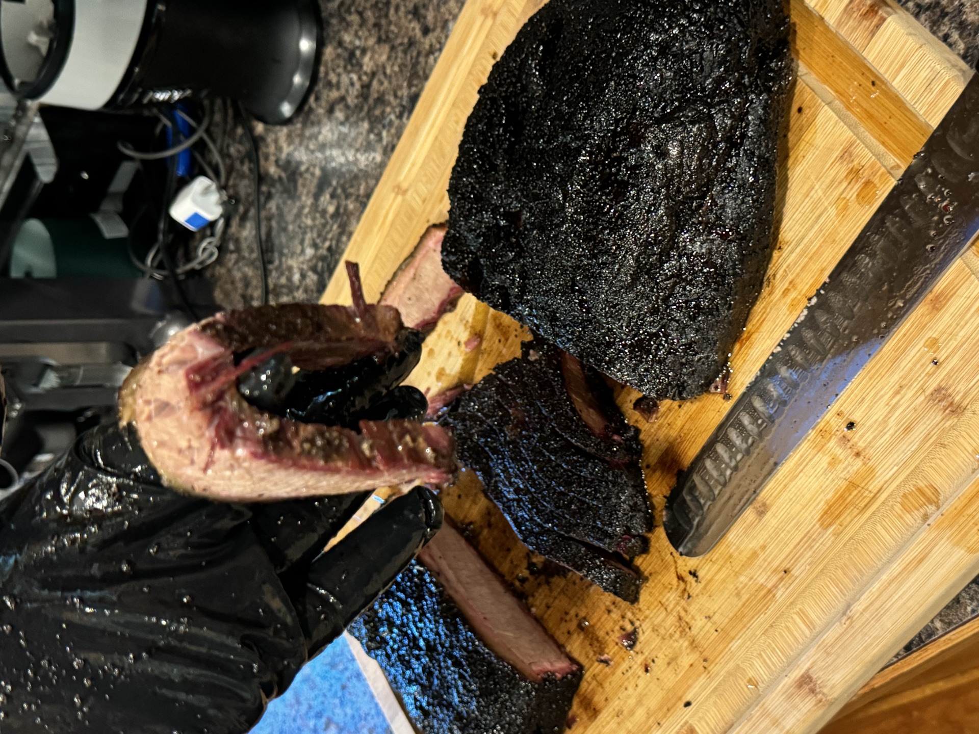 Slicing brisket on the cutting board